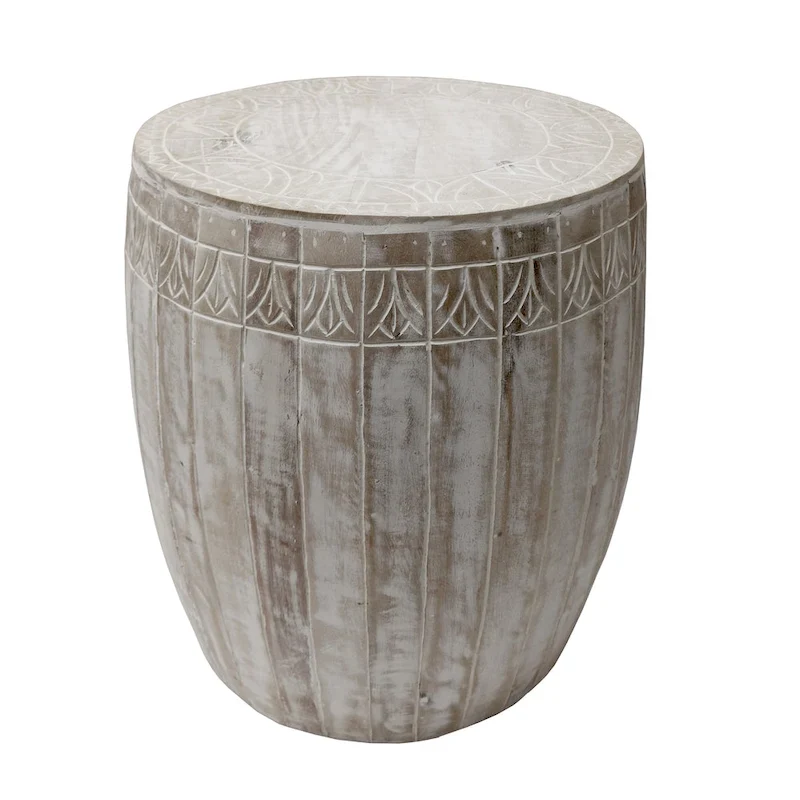 Side End Table with 16 Inch Round Top, In Antique White Mango Wood