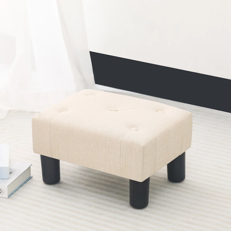 Adeco Button Tufted Linen Foot Stool Rectangular Small Ottoman