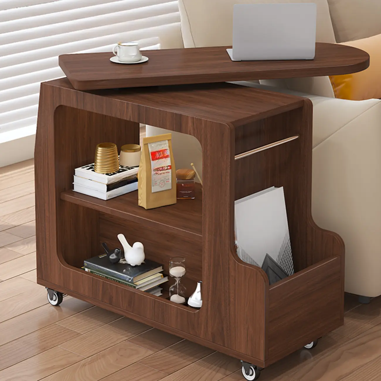 Versatile Modern Brown Half-circle Wheeled Side Table