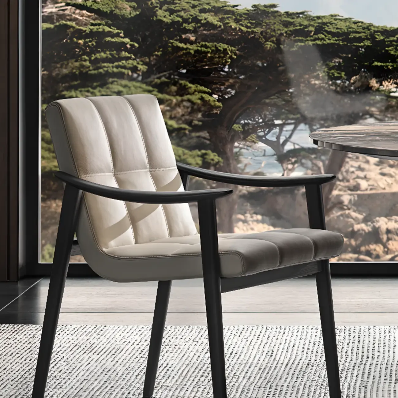 White Tufted Upholstered Wood Dining Chairs With Armrest