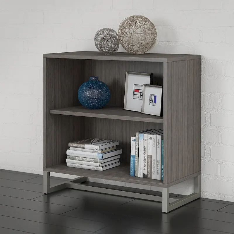 Grey / Tan / White / Taupe / Brown 2-Shelf Bookcase Cabinet with Metal Base