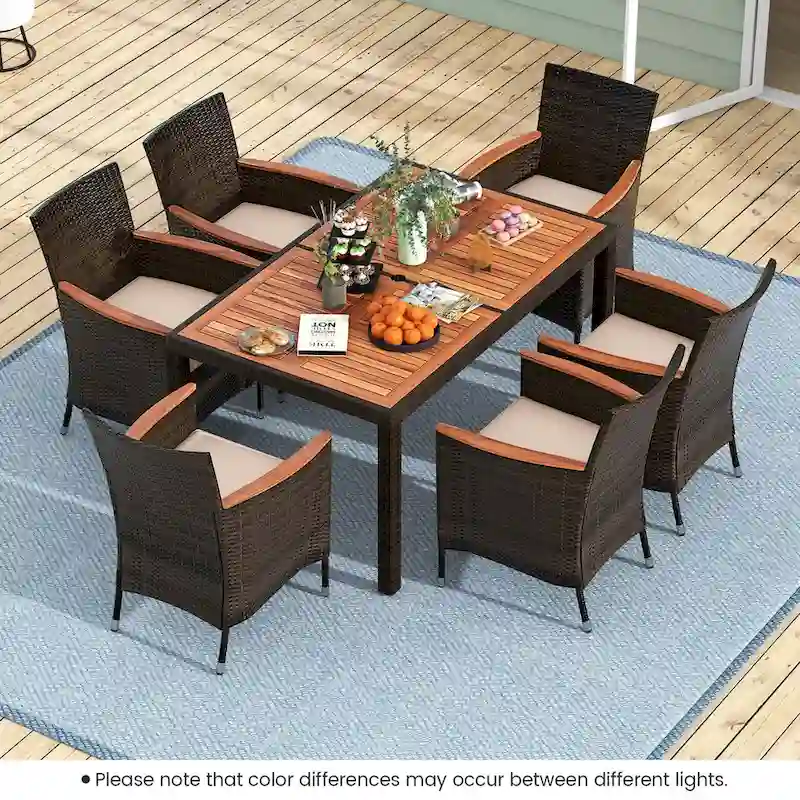 Costway 7 Pieces Outdoor Wicker Dining Set with Acacia Wood Table and - See Details