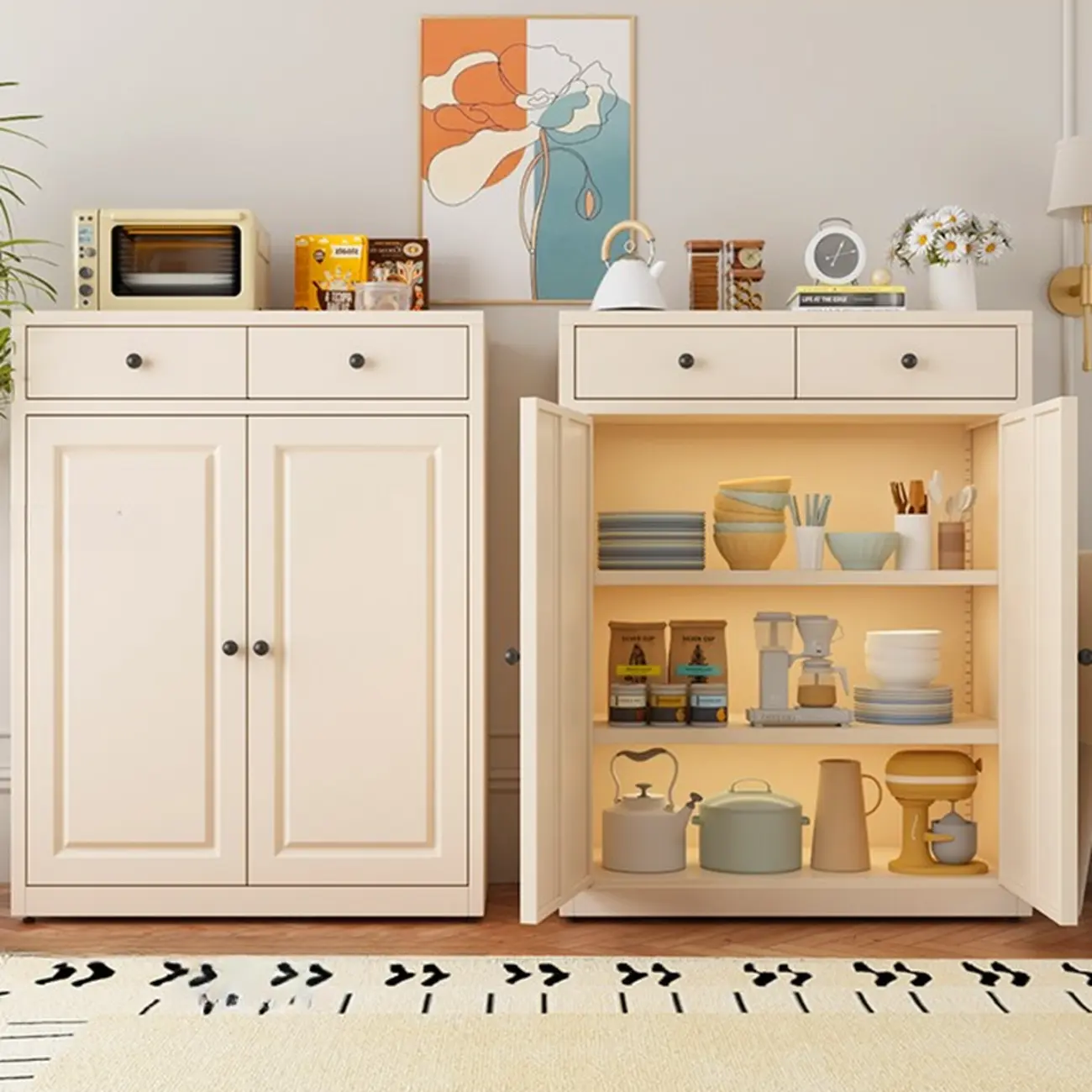 Narrow Metal White Buffet Cabinet with Drawer