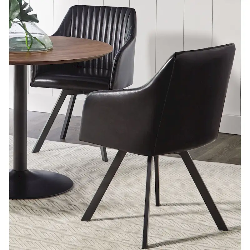 Retro Design Black Leatherette Swivel Dining Chair with Metal Base