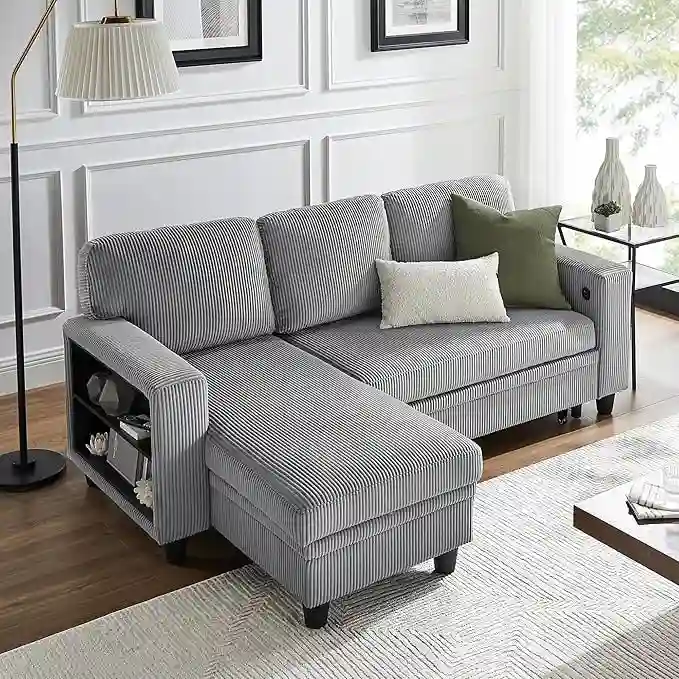 Modern Sleeper Sofa Bed, Couch Bed with Bookshelves & Charging Port