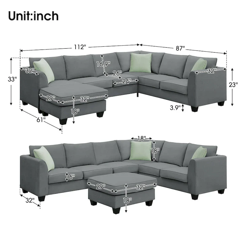 L-Shaped 7-Seats Modular Sectional Sofa with Ottoman with 3 Pillows