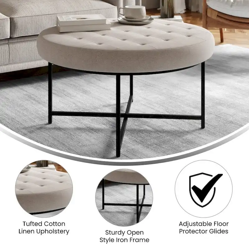 Tufted Round Cotton Linen Ottoman with Iron Frame
