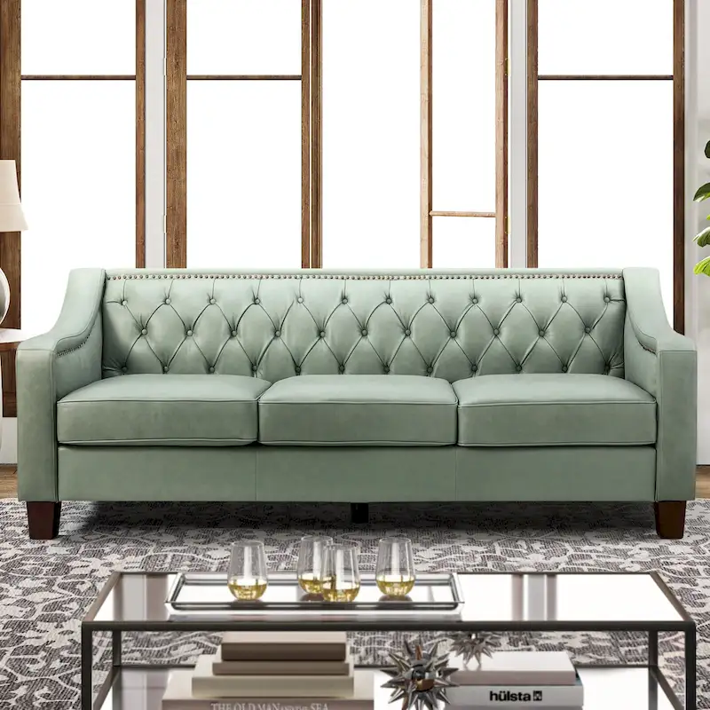 Mateo 82.28 Wide Transitional Genuine Leather Sofa with Nailhead Trim and Button-Tufted Back