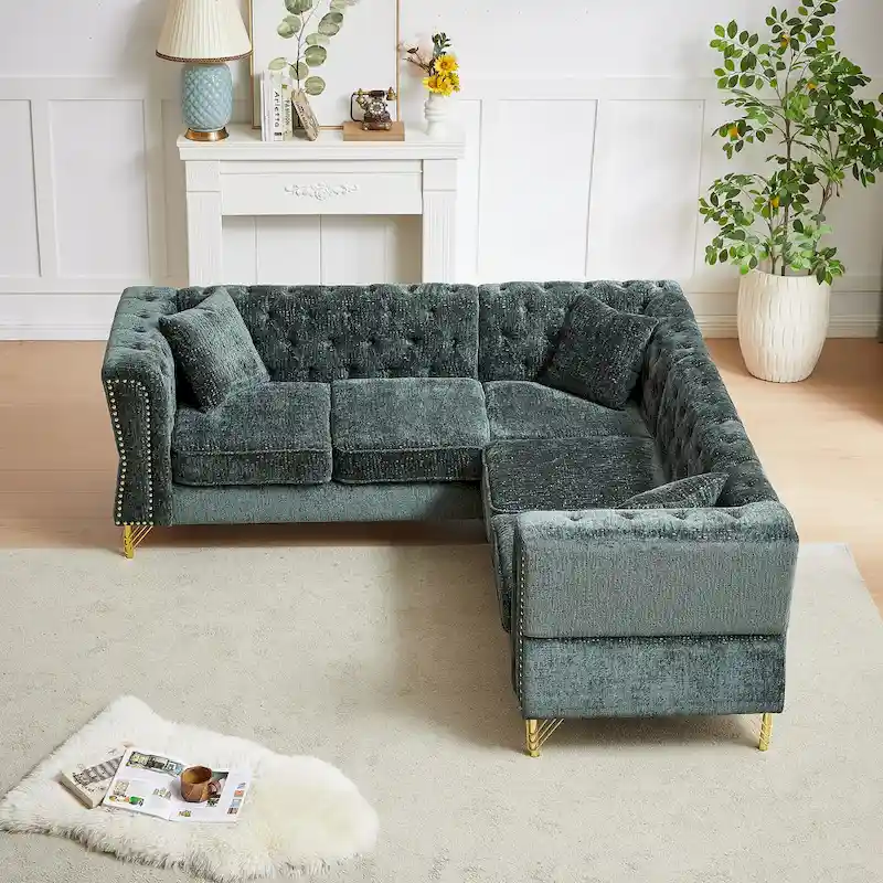 Green 81.5 Chenille L-Shaped 5-Seat Sofa