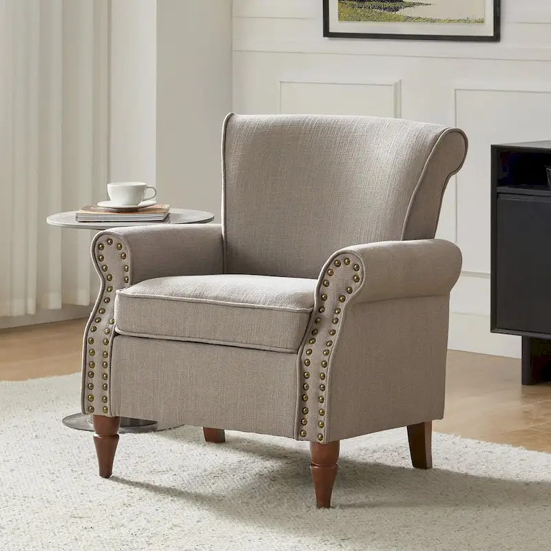 Upholstered Comfy Accent chair with Turned Wooden Legs and Nailhead Trim Set of 2 by