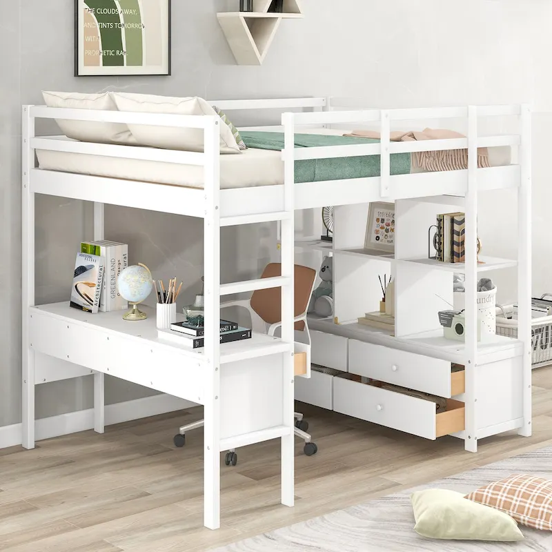 Nestfair Wooden Loft Bed with Built-in Desk and Two Drawers