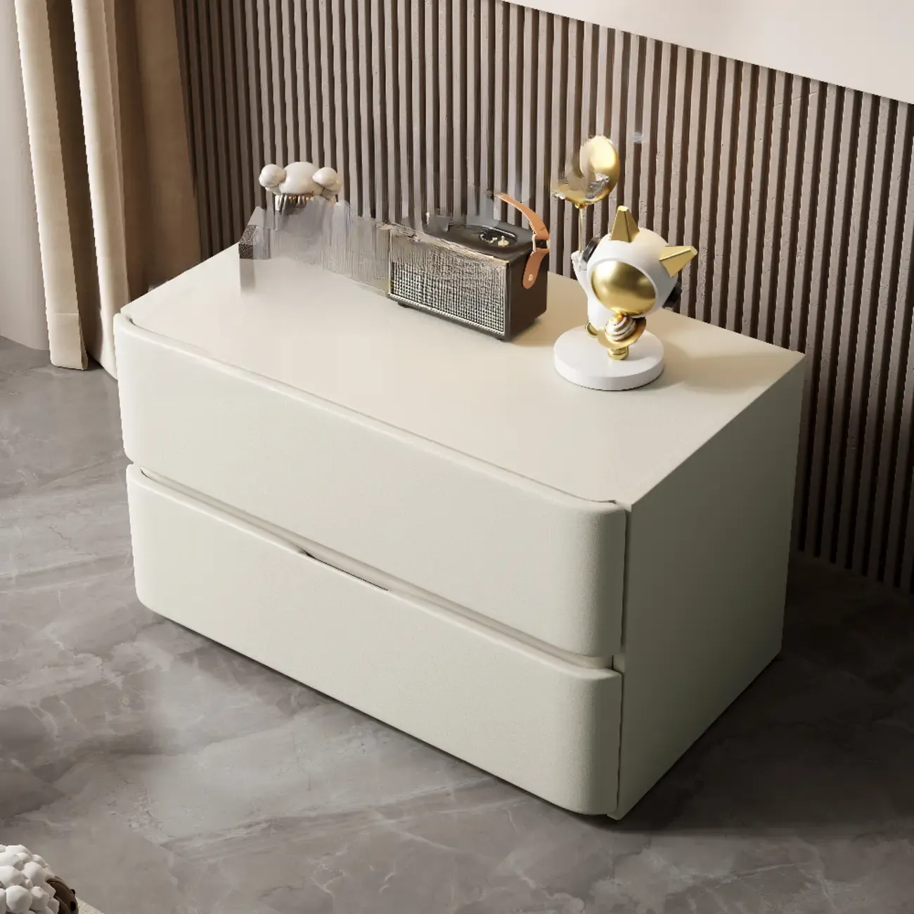 Modern Stone Top Wooden White Bedside Table 2 Drawers