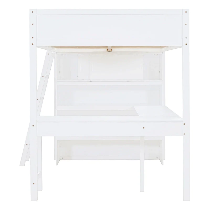 White Full Solid Wood Loft Bed with Desk & Shelf