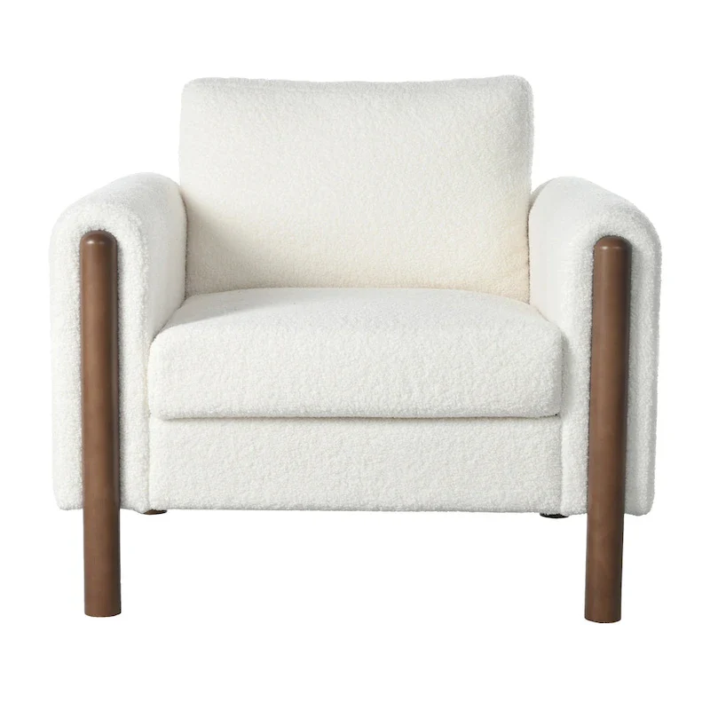 White 33.5 Upholstered Accent Chair with Walnut Legs and Curved Handrail