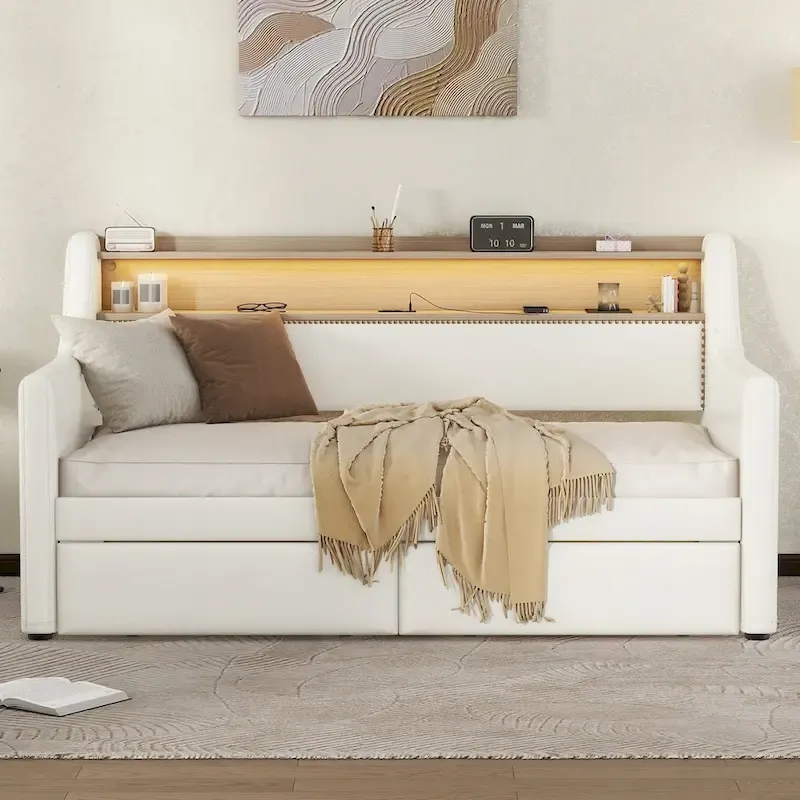 Upholstered Daybed with Storage Drawers, Charging Station and LED Lights