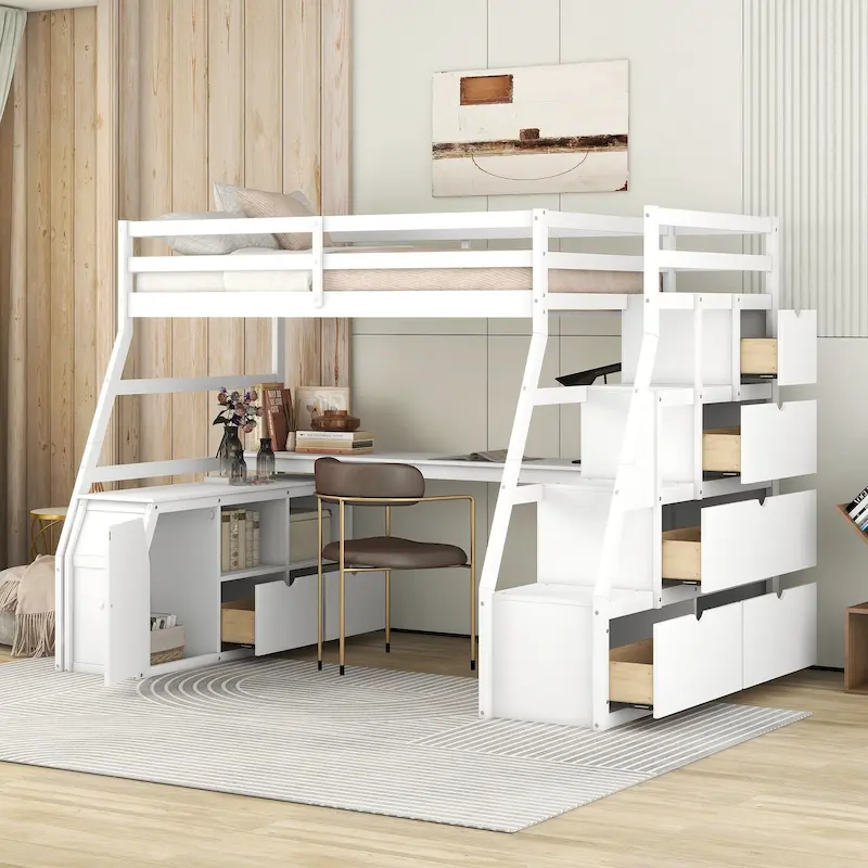 White Twin Size Wood Loft Bed with Drawers, Shelves & Desk