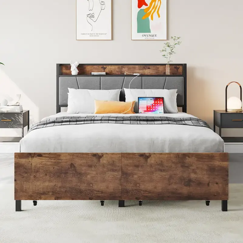 Full Size Bed with Storage Headboard, Two Drawers &Charging Station