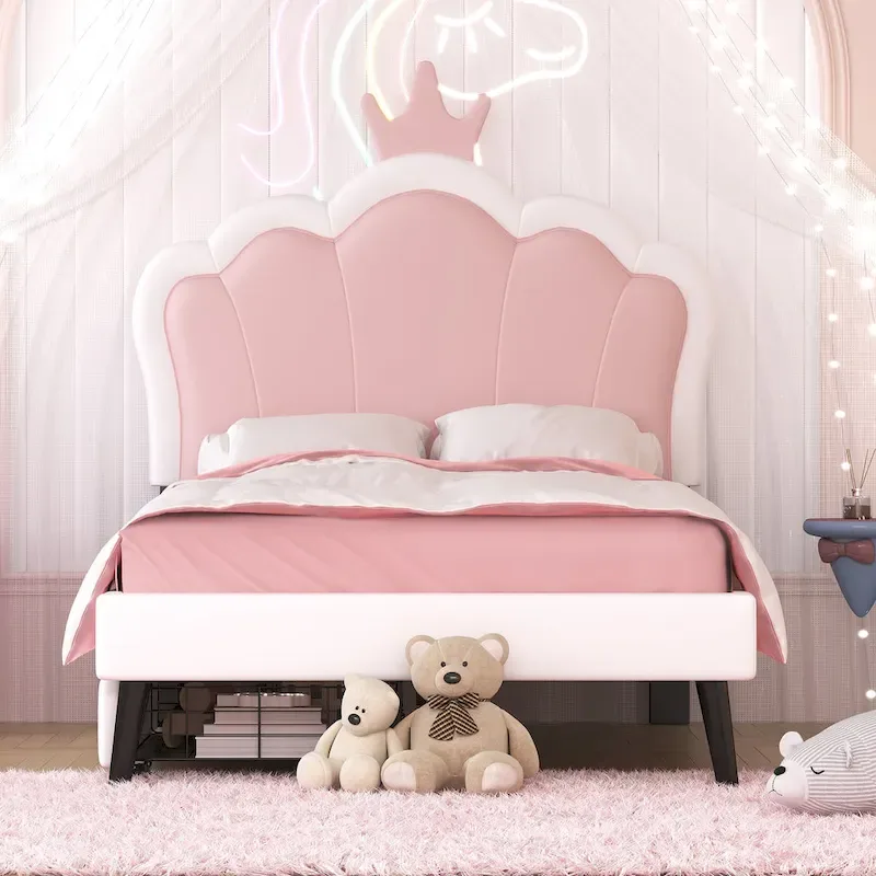 Upholstered Princess Bed with Crown Headboard & Drawers