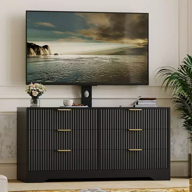 TV Stand with Mount – Black / White / Wood Color, 6 Drawers, Fits 32–85