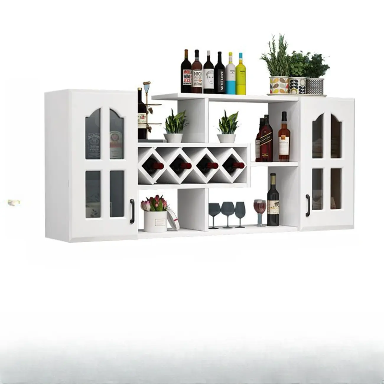Wooden Wall-Fixed Bottle Holder Rack with Glass Holder Shelf