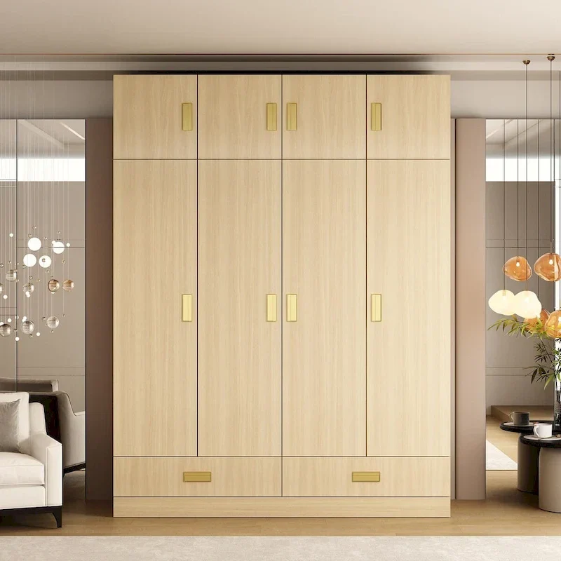 Wardrobe Closet Cabinet with Gold Handles and Optional Top Cabinet