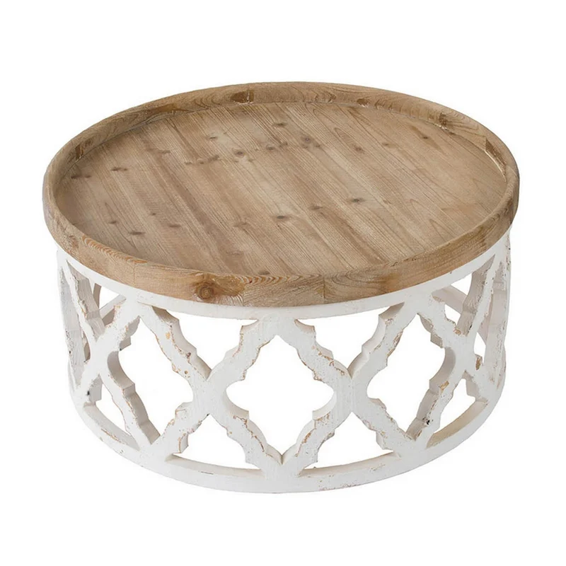 Ode 32 Inch Coffee Table, Round, Quatrefoil Lattice Design, Brown, White