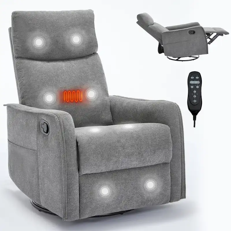 8 Point Massage Manual Recliner Chair Fabric Swivel Rocking Chair Single Sofa Armchair with Rocker and Lumbar Heating