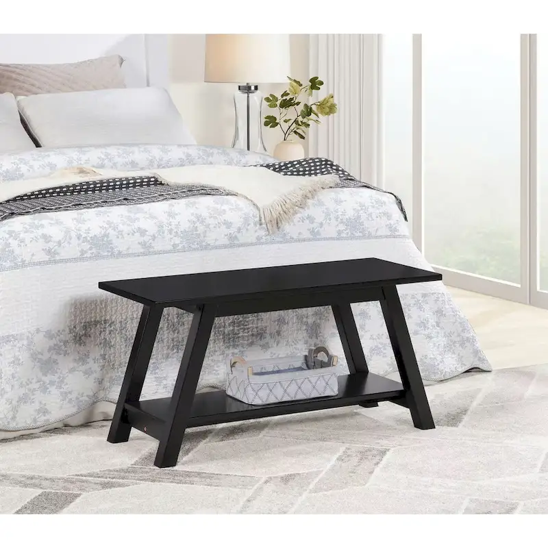 Roundhill Furniture Elyz Solid Wood Bench with Shelf, White