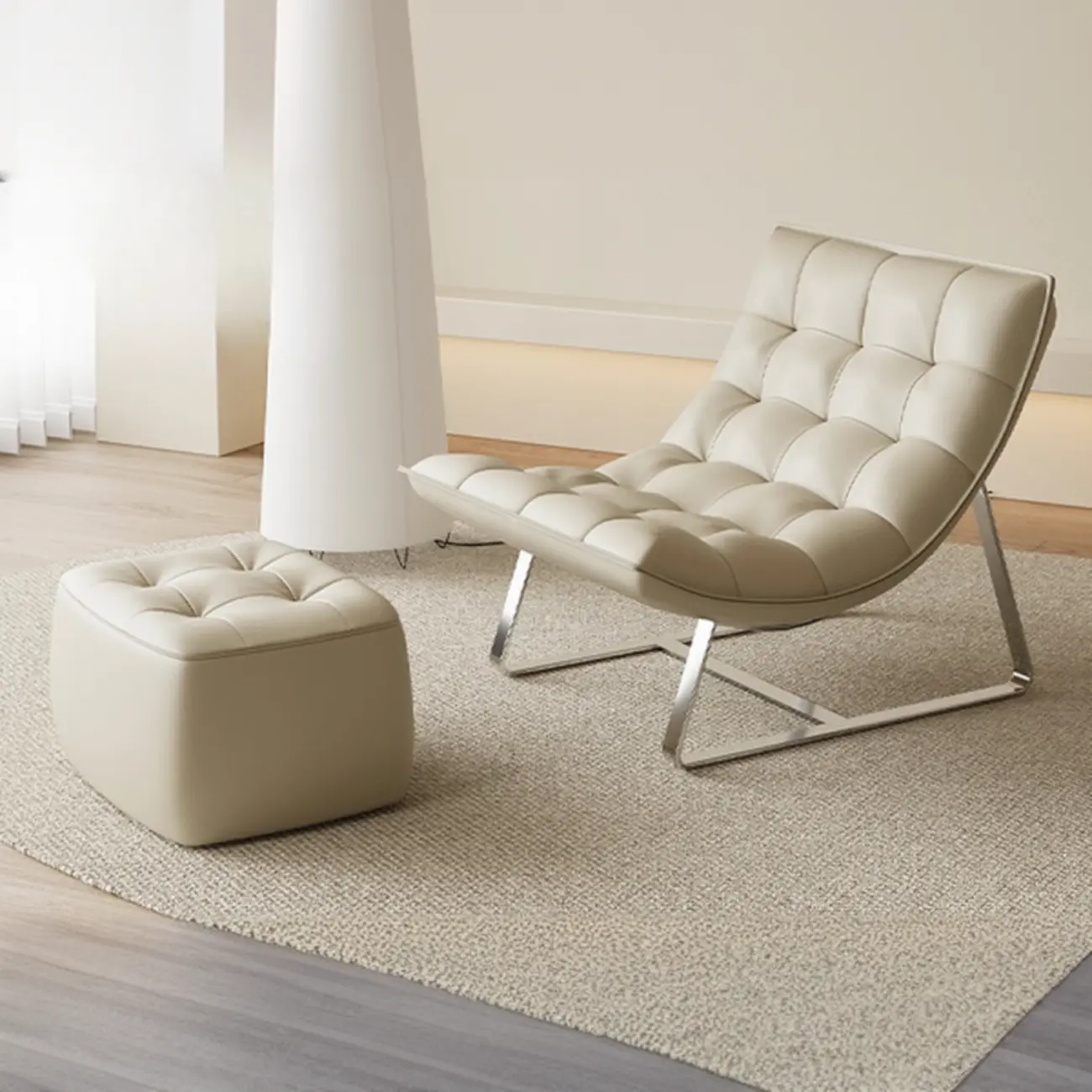 Modern Tufted Leather Accent ArmChair with Ottoman