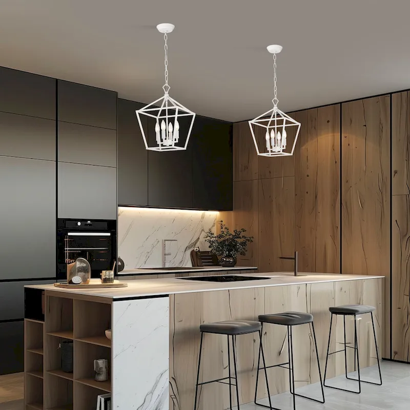 Renzo 12 in. 4-Light Farmhouse White Pendant Light with Caged Metal Shade - N/A