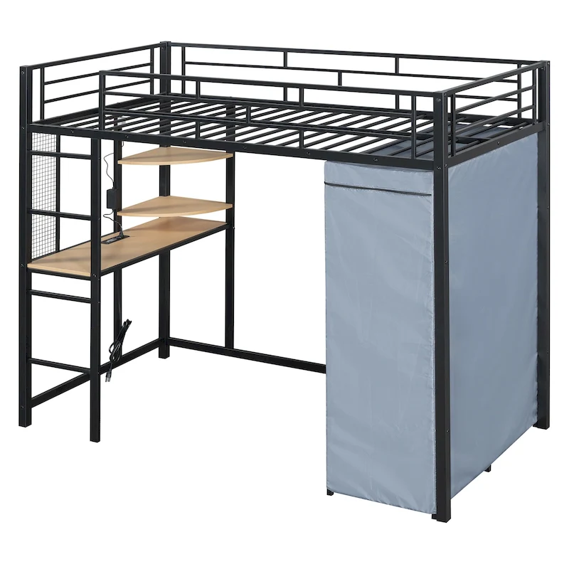 Twin Size Loft Metal Bed with Desk,Shelves,Power Outlet,LED Light and Wardrobe