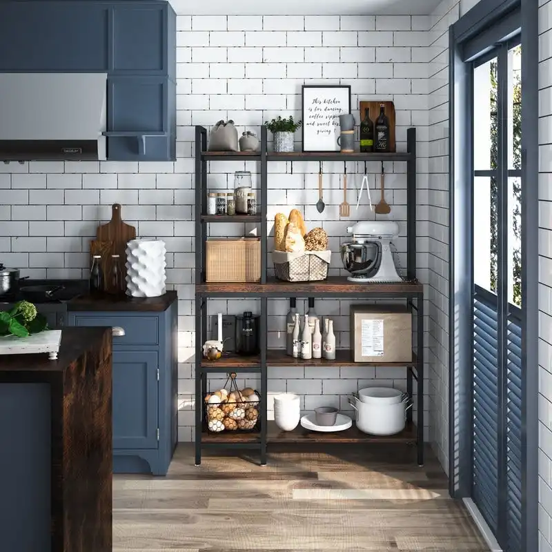 4-Tier Rustic Brown Bakers Rack with S-Shape Hooks