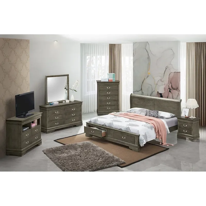 Louis Philippe King Storage Wood Panel Bed
