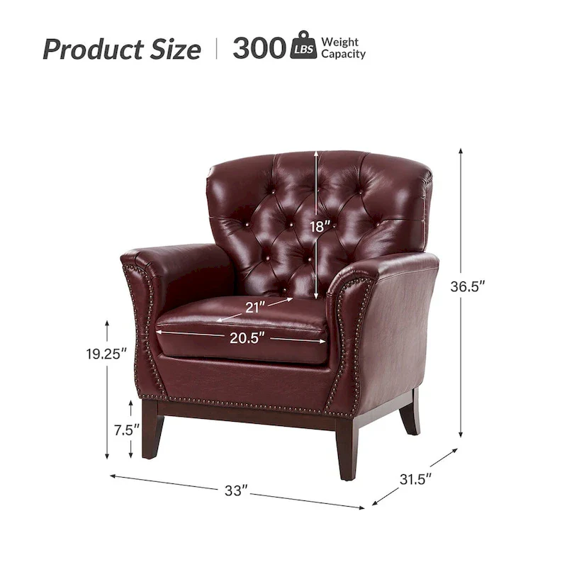 Traditional Genuine Leather Accent Chair with Tufted Wing Back