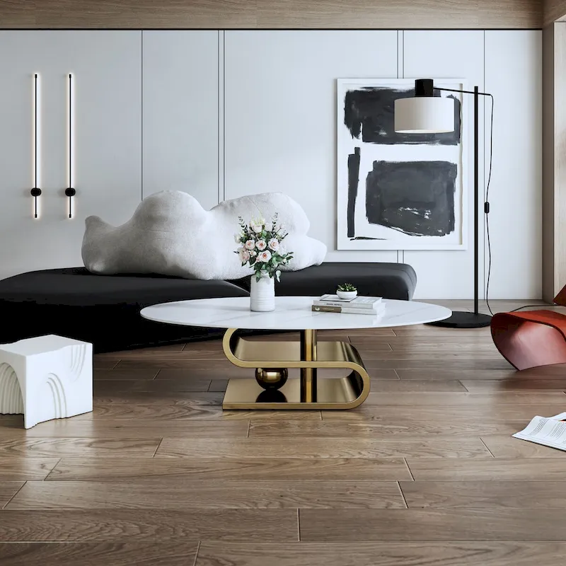 Exquisite Modern Oval Coffee table with white 51L Stone Top and Gold Metal Base