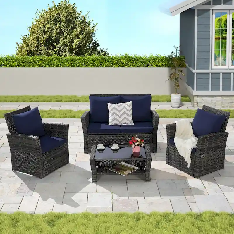 4-Piece Rattan Conversation Sofa Set with Glass Table