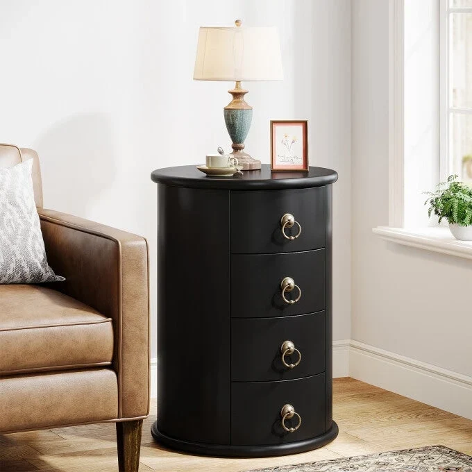 No Assembly Round Solid Wood End Table, Small Side Table with Drawers