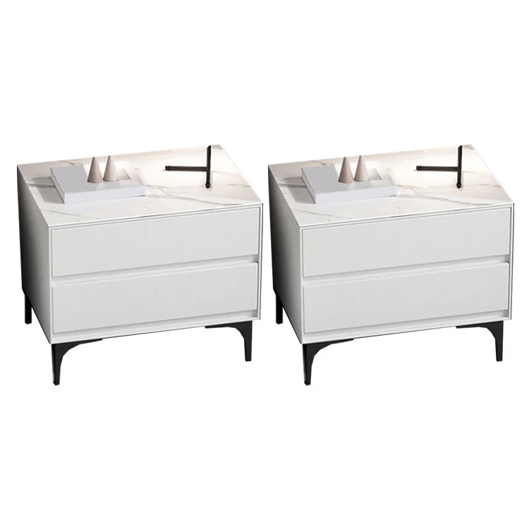 Modern Stone Top Faux Leather 2-Drawer Nightstand