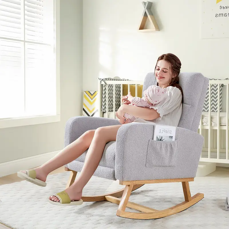 Linen Rocking Chair with Footrest and Side Pocket