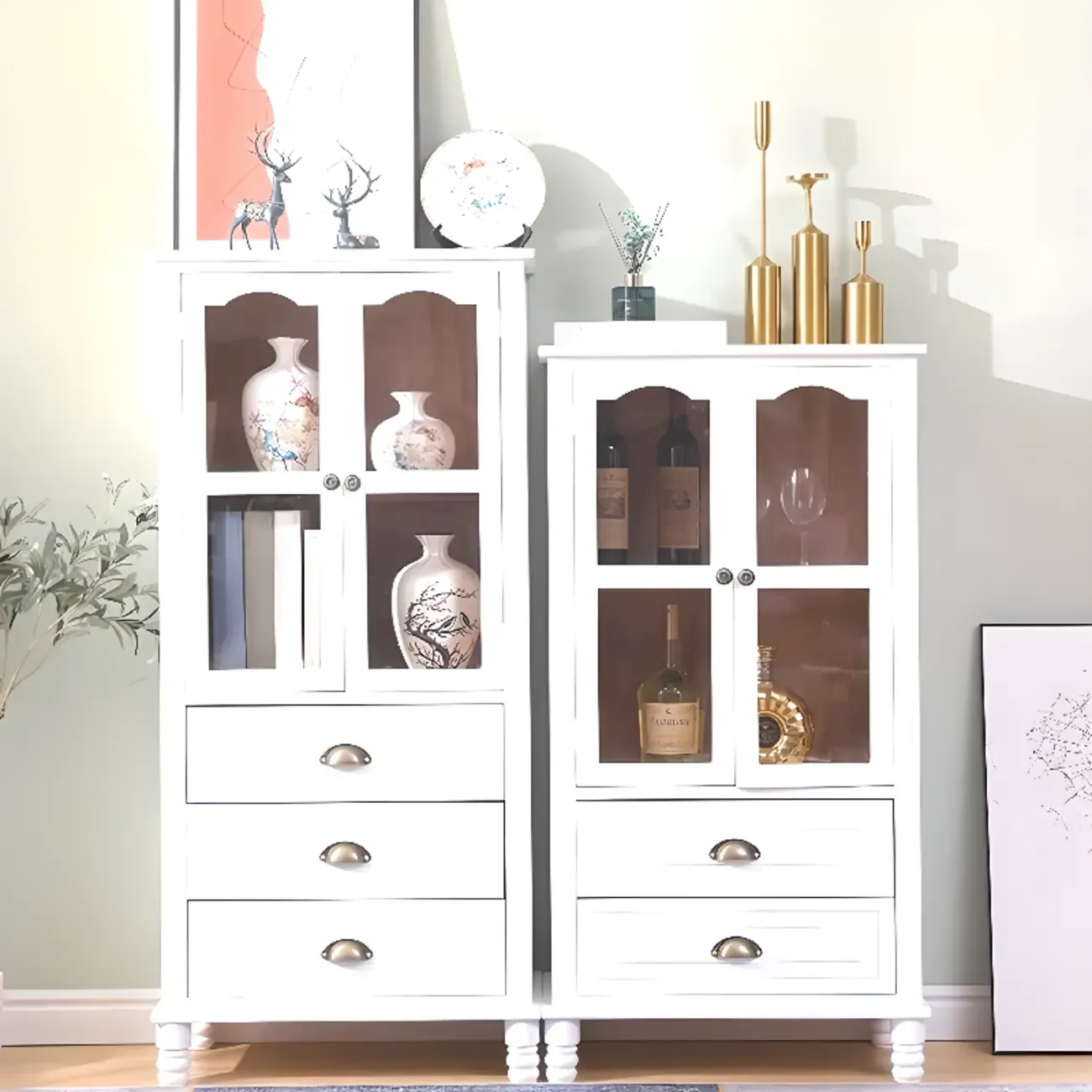 Freestanding Solid Wood White Cabinet with Drawers
