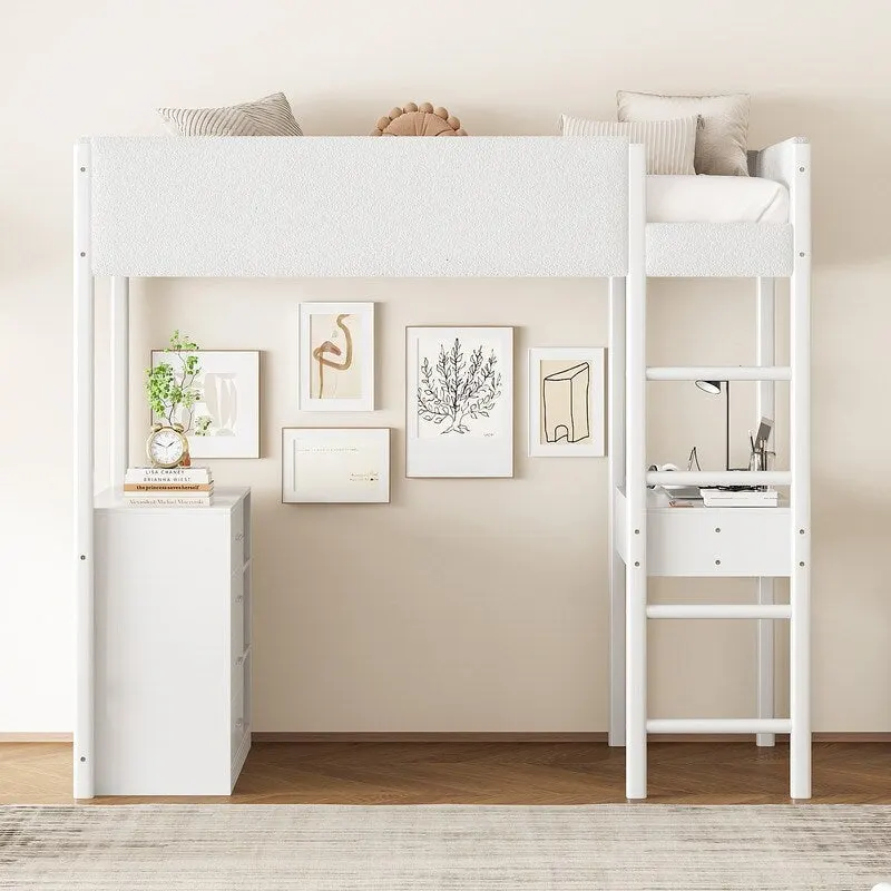 Twin Size Teddy Fleece Loft Bed with Desk and Drawers