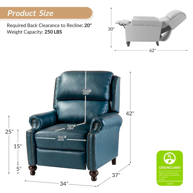 Gabriela Mid-Century Modern Genuine Leather Recliner Nail Head Trim Set of 2 by HULALA HOME