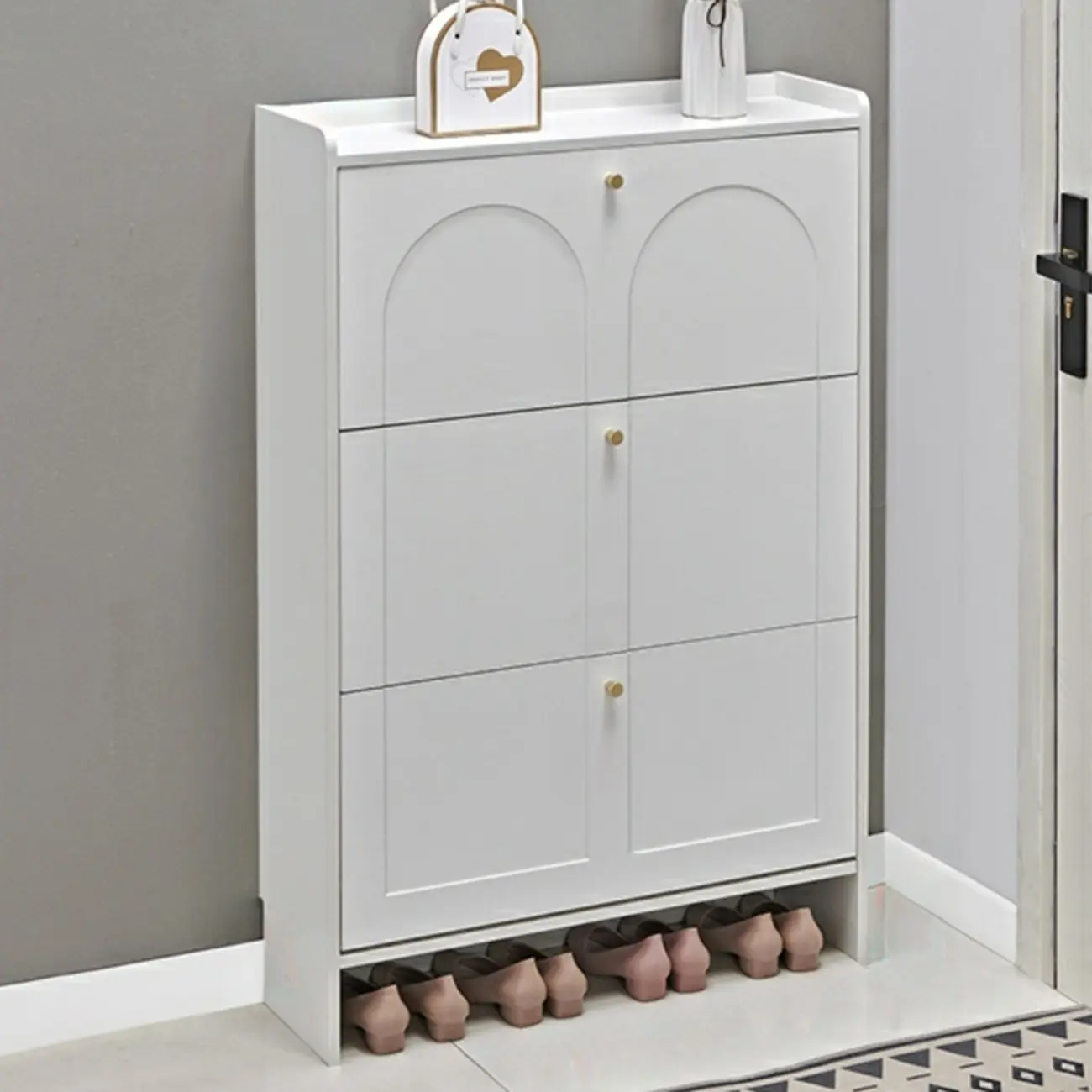 White Wooden Drop Front Shoe Cabinet for Entryway