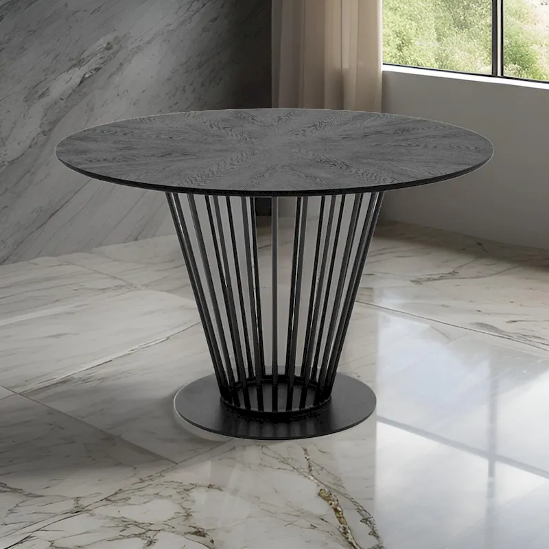 47 Inch Dining Table, Round Top, Modern Black Iron Metal Pedestal Base