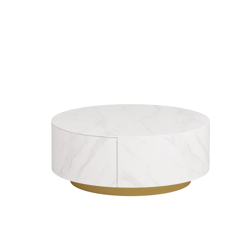 Modern Round Coffee Table, White Sintered Stone Tabletop with 2 Drawers