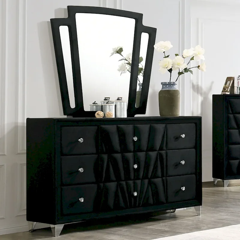 Ambrosia Glam Black Fabric Upholstered Nailhead 5-Piece Panel Bedroom Set by Furniture of America