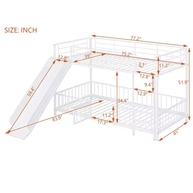 Whisen Stylish Design Metal Bunk Bed with Slide and Guardrails