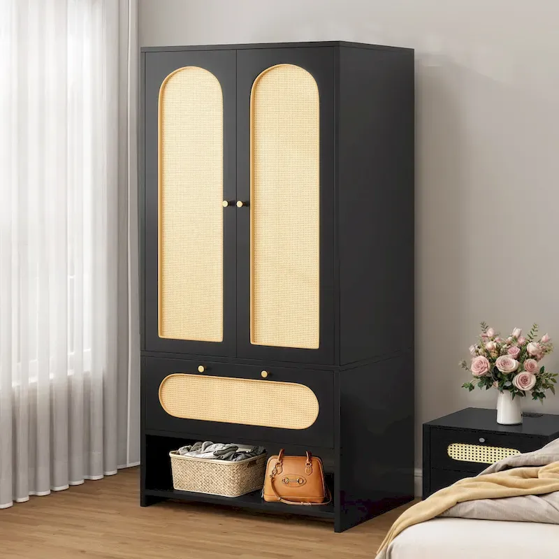Moasis 70   Rattan Armoire Bedroom Wardrobe with Drawer & Hanging Rod