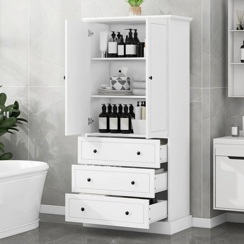 Freestanding Bathroom Cabinet with Doors & 3 Large Drawers, Adjustable Shelves
