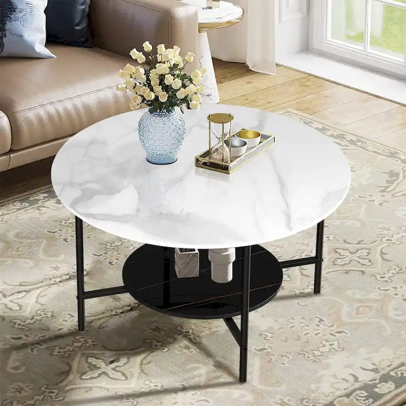 Modern Coffee Tables Round 2 Tier Sintered Stone Tabletop - 31.5 W x 18.7 H